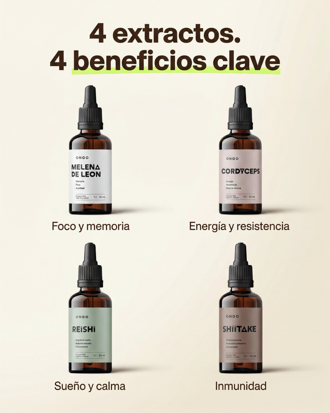 Pack Ongo 4 Extractos - para ayudarte a rendir mejor frente al estrés diario.
